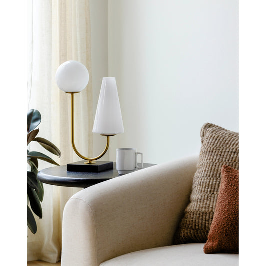 Avalora Accent Lamp by Surya in metallic brass, black, translucent. Made from metal, glass in a modern style.