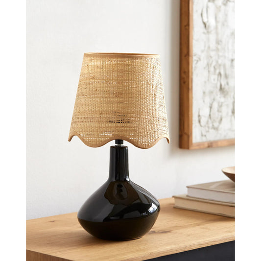 Aviara Table Lamp with Natural Rattan Shade by Livabliss in high gloss. Made from ceramic, rattan, metal in a modern style.