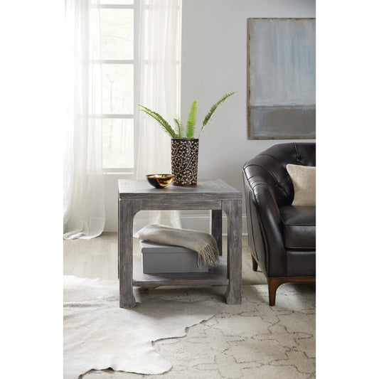Beaumont Square End Table by Hooker Furniture in dark grey. Made from elm veneers in a rustic style.