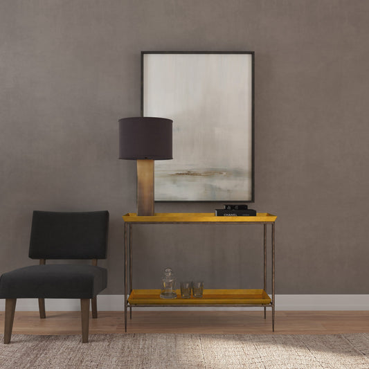 Commerce & Market Tray Top Metal Console by Hooker Furniture in gold. Made from iron in a modern style.