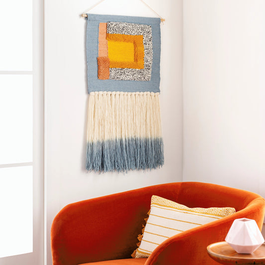 Artsy Geo Wall Hanging - 30835 by Surya in blue, white, yellow. Made from main: 70% wool, main: 20% polyester, main: 10% cotton, rod: wood in a modern style.