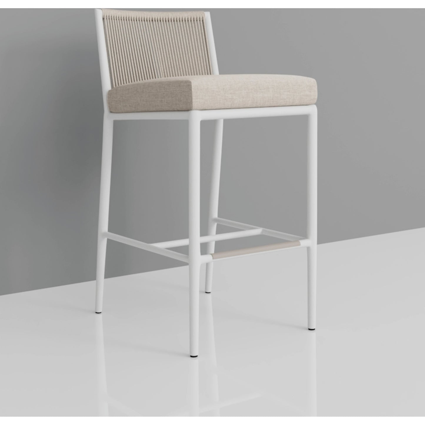 003 SI-2167174,SI-2167175,SI-2167176 | Lifestyle | Sabbia Outdoor Counterstool by Sunset West in white. Made from olefin rope in a coastal style.