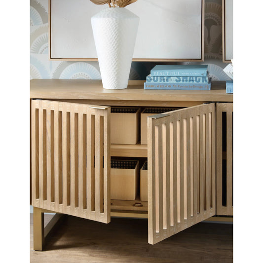 Commerce and Market Easton Entertainment Console by Hooker Furniture in light wood and desert oak. Made from white oak solids, oak veneers in a transitional style.