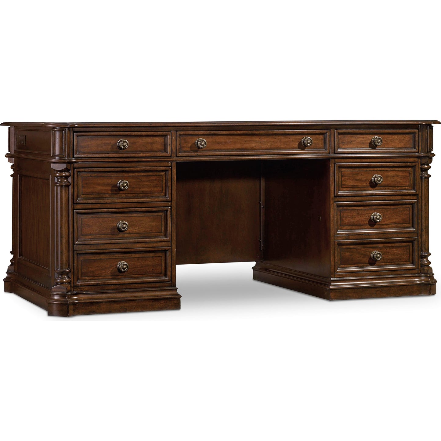001 SI-1749109 | Primary Silo | Leesburg Executive Desk by Hooker Furniture in mahogany. Made from swirl mahogany, ebony veneers in a traditional style.