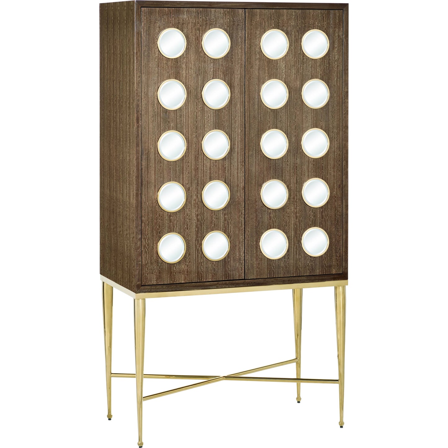 001 SI-2191690 | Primary Silo | Colette Bar Cabinet by Currey and Company in tawny brown, polished brass, mirror, natural, clear, rose. Made from figured eucalyptus, stainless steel, glass, marble, faux velvet in a modern style.