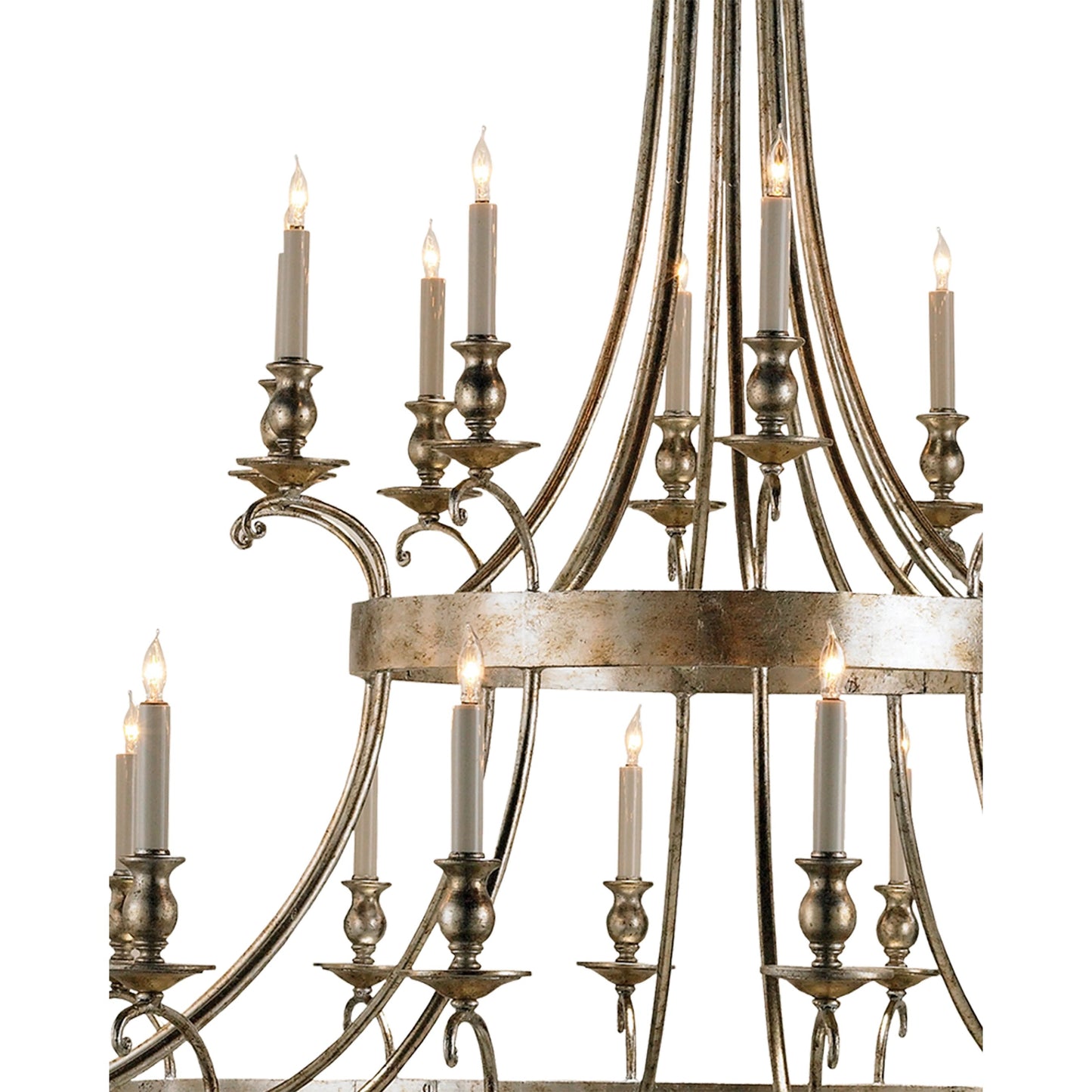 003 S-223870 | Closeup | Lodestar Chandelier by Currey and Company in granello silver leaf, antique. Made from wrought iron, wood in a traditional style.