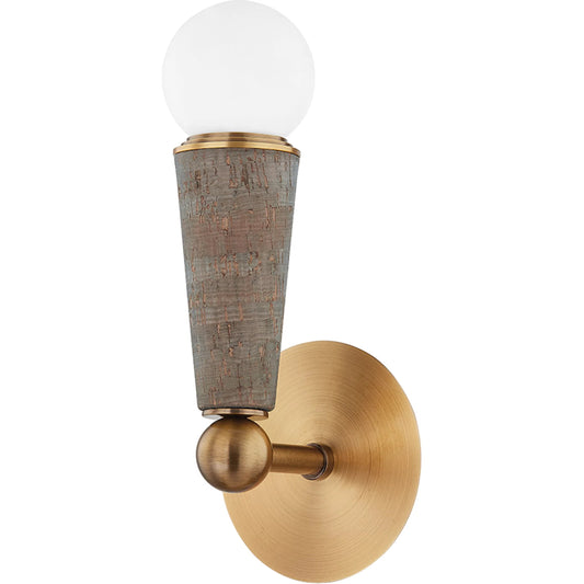 Dax Wall Sconce by Troy in patina brass. Made from steel in a modern style.