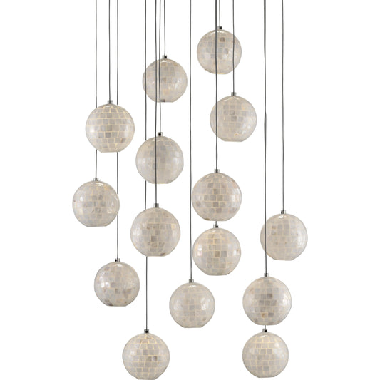 001 SR-890119 | Primary Silo | Finhorn 15-Light Round Multi-Drop Pendant by Currey and Company in painted silver, pearl. Made from metal, mother of pearl in a modern style.