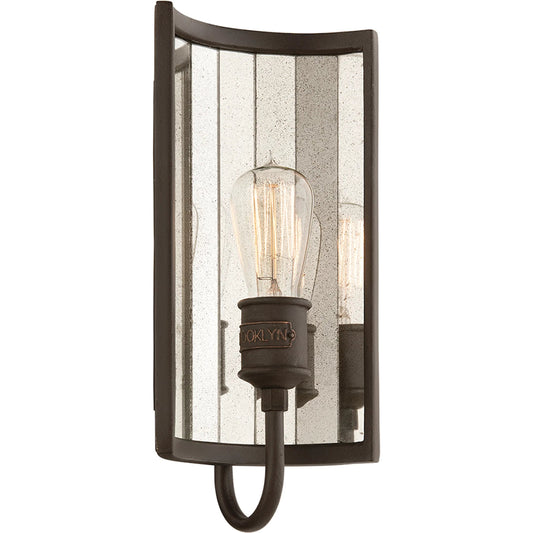 Brooklyn II Wall Sconce by Troy in brooklyn bronze. Made from hand worked iron in a modern style.