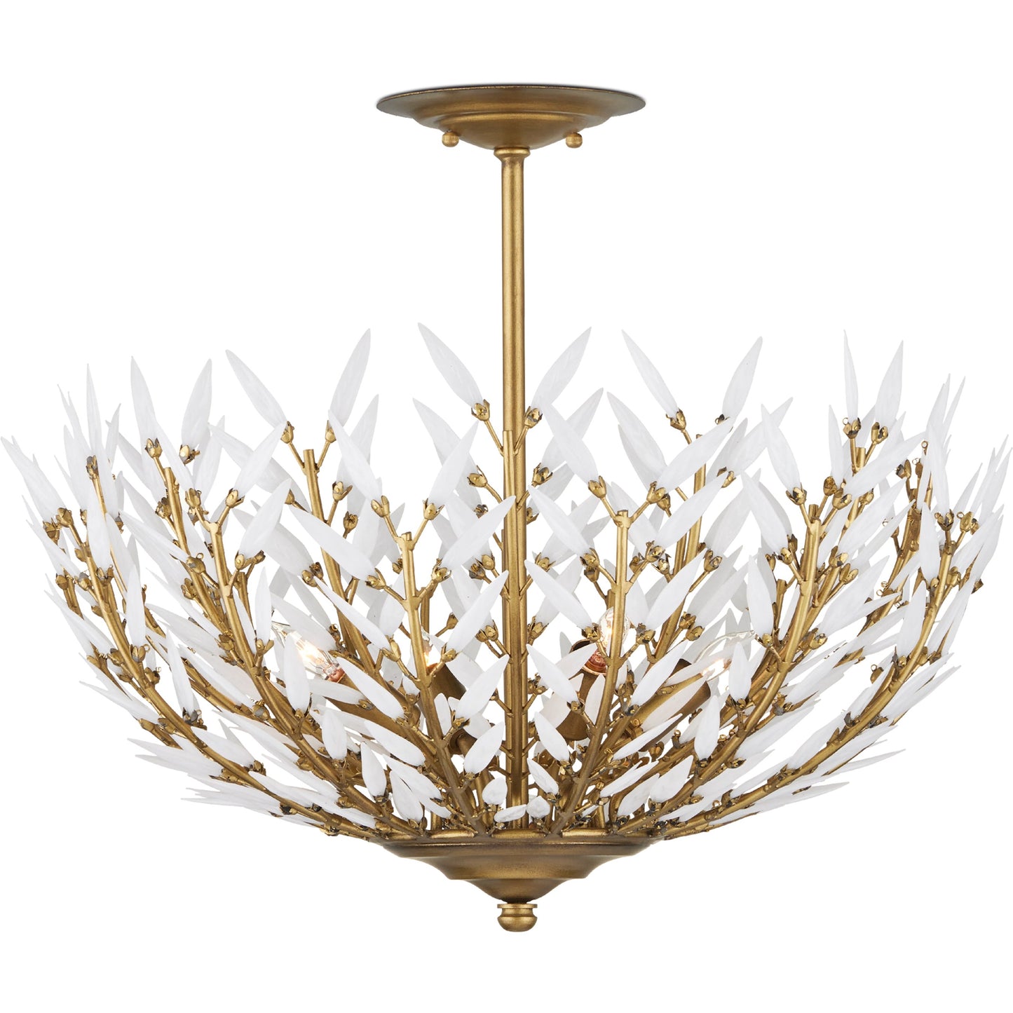 001 SI-2191776 | Primary Silo | Magnum Opus Semi-Flush Mount by Currey and Company in brass, white. Made from wrought iron, glass in a modern style.