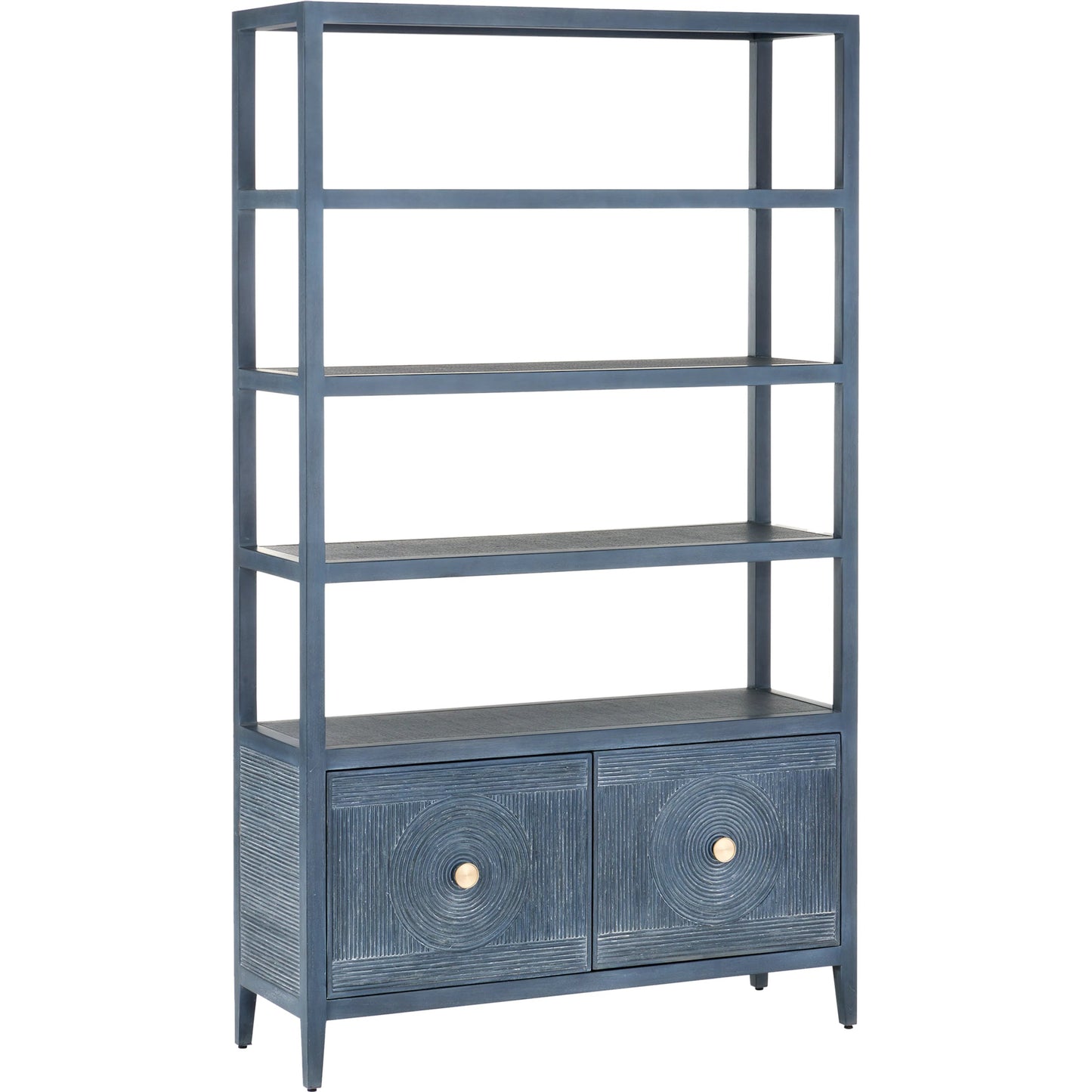 002 SI-2134072 | Primary Silo | Santos Storage Etagere by Currey and Company in vintage navy, brushed brass. Made from rattan, mahogany, grasscloth, brass in a transitional style.