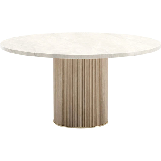 Rhythm 58" Round Stone Top Dining Table by Caracole in oak, bronze and sun drenched oak. Made from oak in a transitional style.