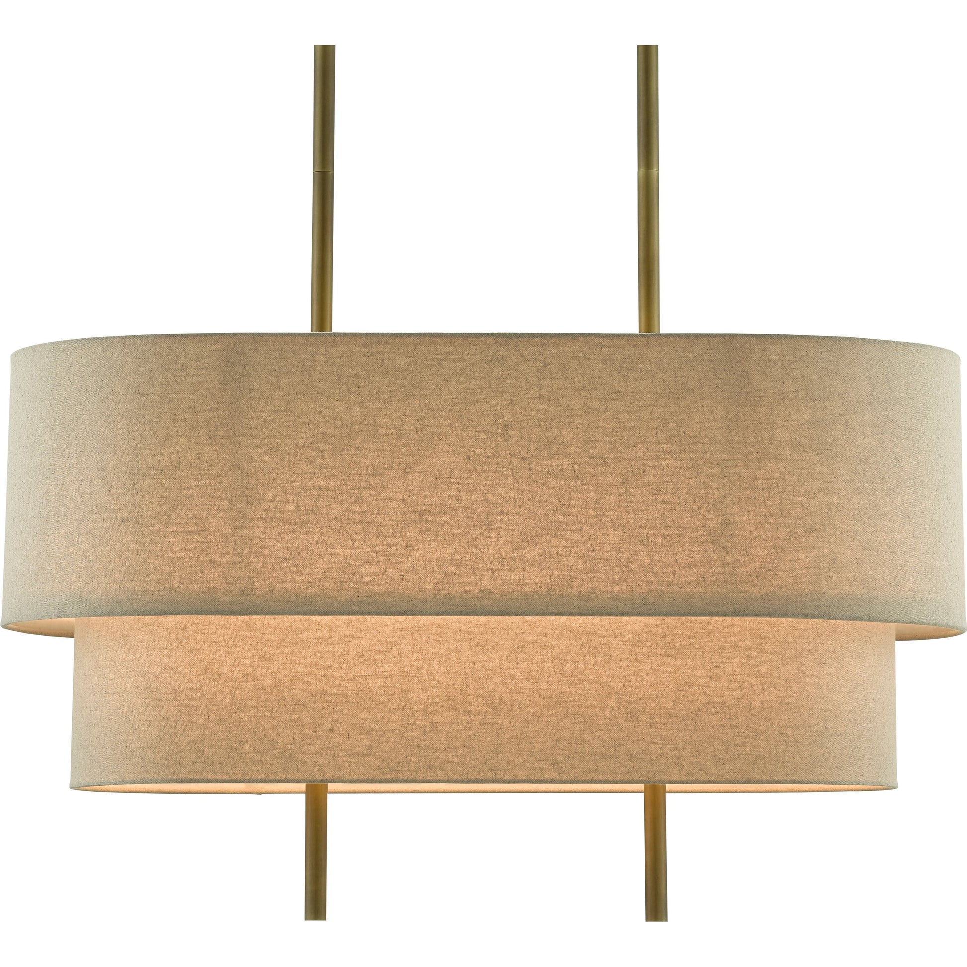 Combermere Rectangular Chandelier by Currey and Company in antique brass, linen. Made from metal, fabric in a modern style.