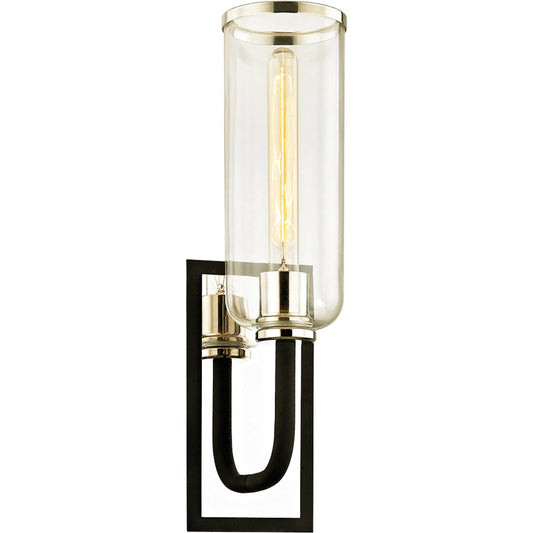 Aeon Wall Sconce by Troy in textured black, polish nickel. Made from hand worked iron in a traditional style.