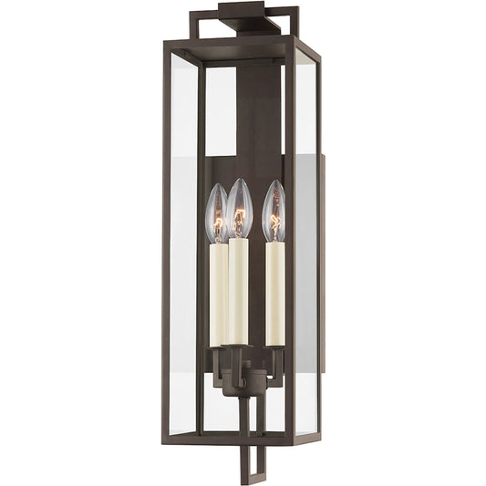 Beckham 3 Light Exterior Wall Sconce by Troy in textured bronze. Made from steel in a modern style.