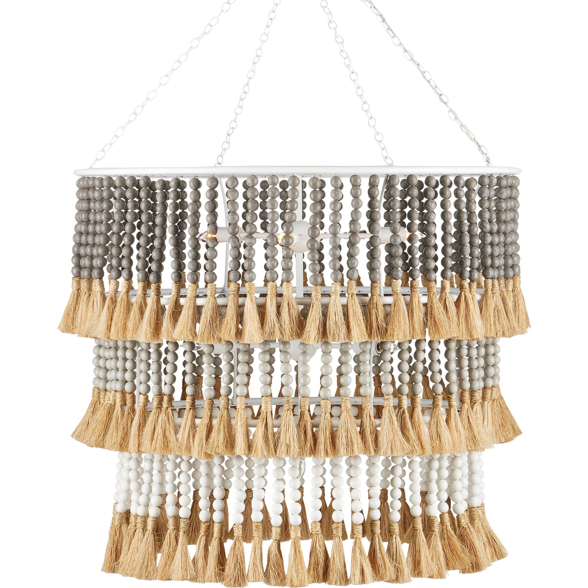 St. Barts Chandelier by Currey and Company in mist blue, demin blue. Made from wrought iron, wood beads, abaca rope in a coastal style.