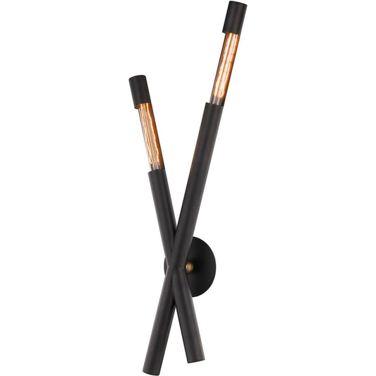 Hendrix Double Wall Sconce by Troy in bronze, patina brass. Made from hand worked iron in a modern style.