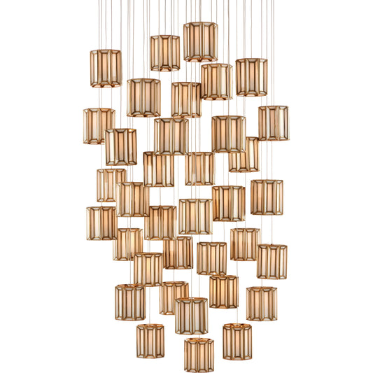 Daze 36-LIGHT Multi-Drop Pendant by Currey and Company in antique brass, white, painted silver. Made from frosted glass in a modern style.