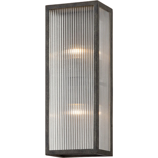 Tisoni Outdoor Wall Sconce by Troy in french iron. Made from hand worked aluminum in a modern style.
