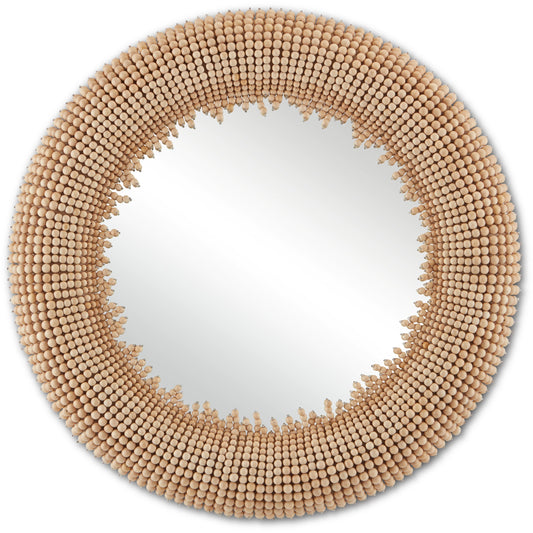 Jeanie Round Mirror by Currey and Company in beige, mirror. Made from wood beads, wood, wrought iron, glass in a coastal style.
