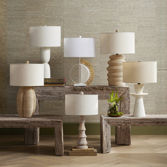Linz Table Lamp by Currey and Company in white. Made from cast aluminum in a modern style.