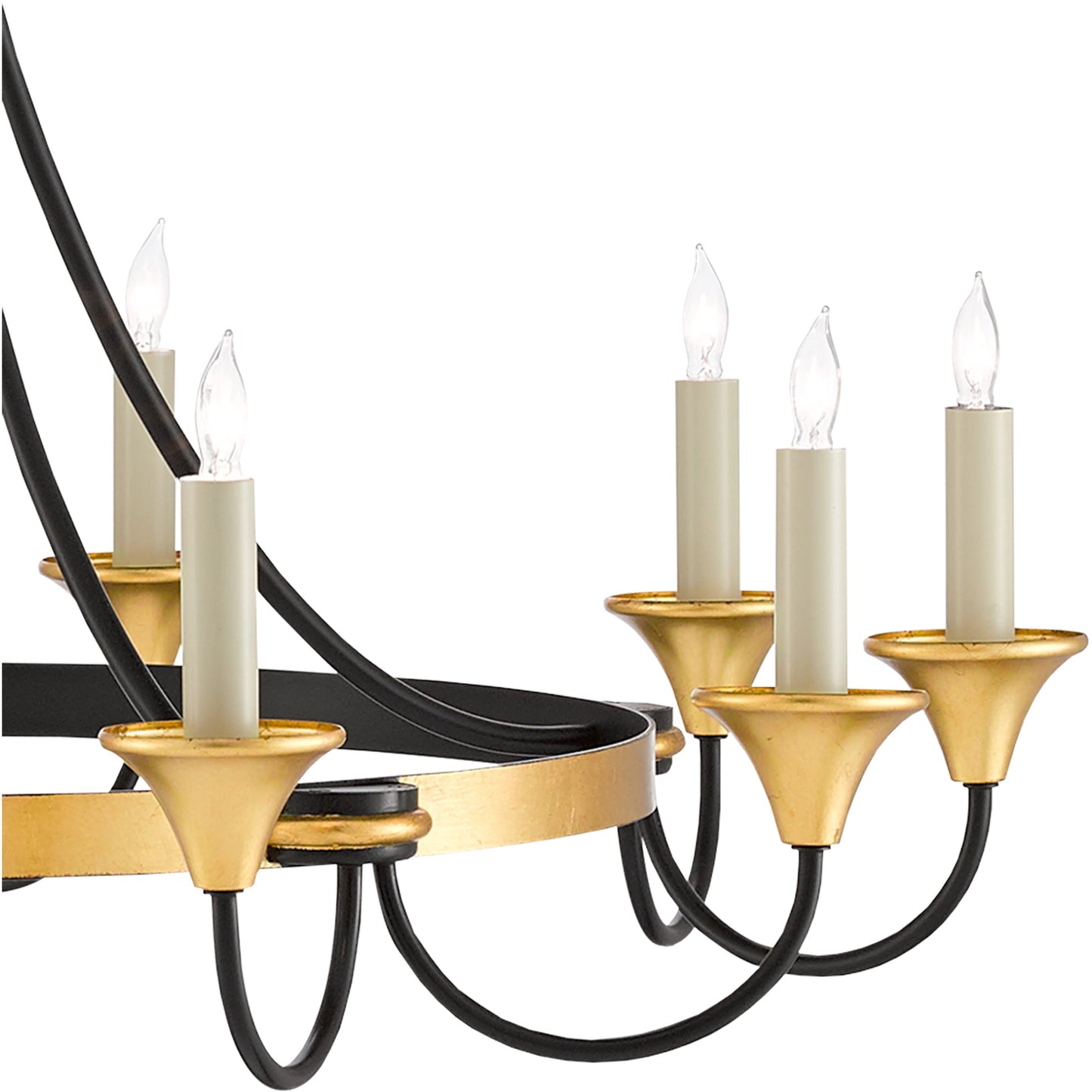 010 SR-381161 | Closeup | Hanlon Chandelier by Currey and Company in washed black, contemporary gold leaf. Made from metal in a transitional style.