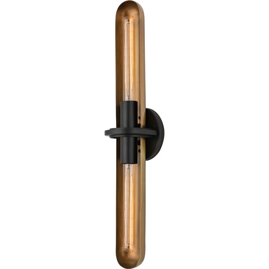 Tuscon Two Light Sconce by Troy in patina brass. Made from steel in a modern style.