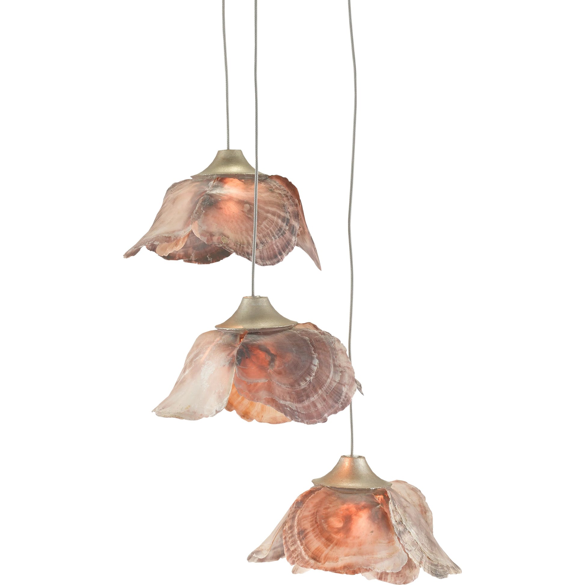 Catrice Pendant by Currey and Company in painted silver, contemporary silver leaf, natural shell. Made from capiz shell, wrought iron in a coastal style.