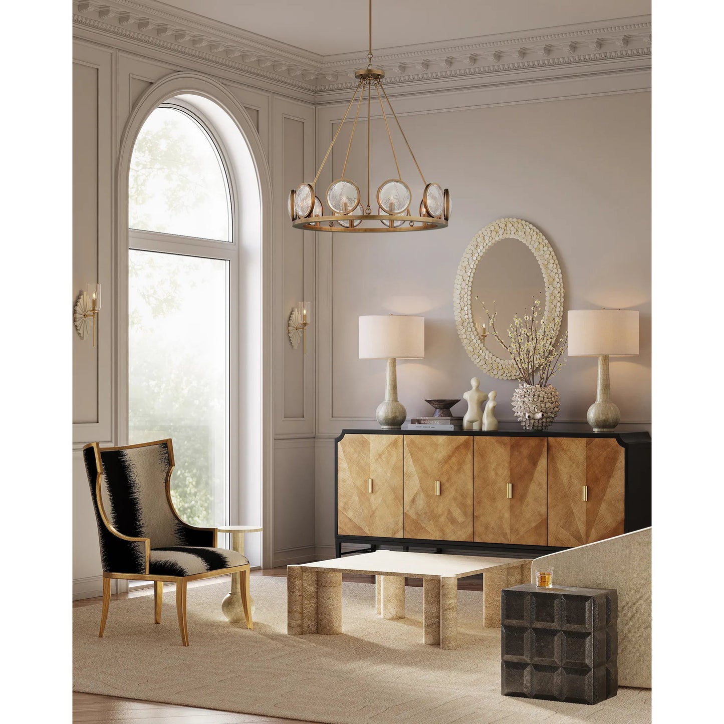 006 S-223587 | Lifestyle | Marjiescope Chandelier by Currey and Company in antique brass. Made from metal, brass, prism optic crystal in a traditional style.