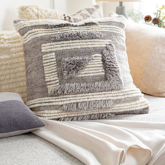 Baracoa Pillow - 34013 by Surya in gray, tan, cream. Made from 65% rayon, 28% wool, 7% cotton, 100% cotton in a eclectic & global style.