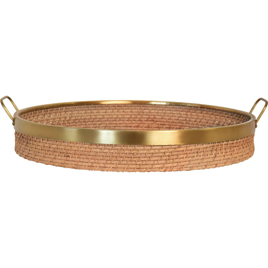 Babs Round Natural Rattan Tray by Worlds Away in rattan, brass. Made from rattan, metal in a rustic style.