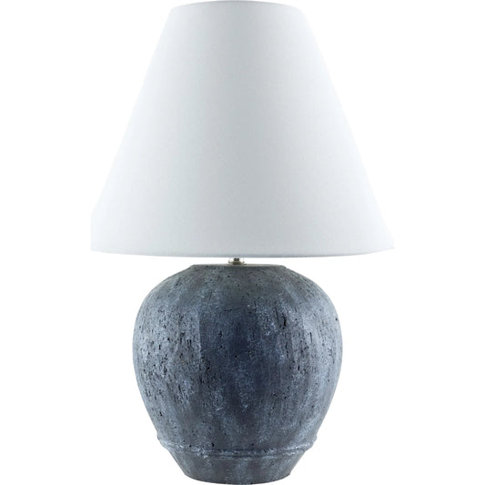 Bagre Accent Table Lamp by Livabliss in body: gray; shade: white; finial: metallic - silver; harp: metallic - nickel; cord: translucent and distressed, sandblasted. Made from ceramic, linen, plastic, iron in a modern style.