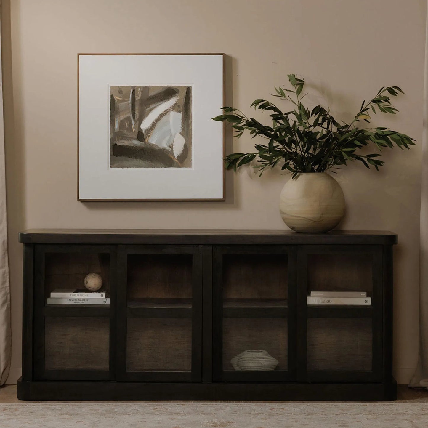 009 SI-2368212 | Lifestyle | Mona Sideboard by Moe's Home Collection in black. Made from solid neem wood, tempered glass, pine veneer back in a traditional style.