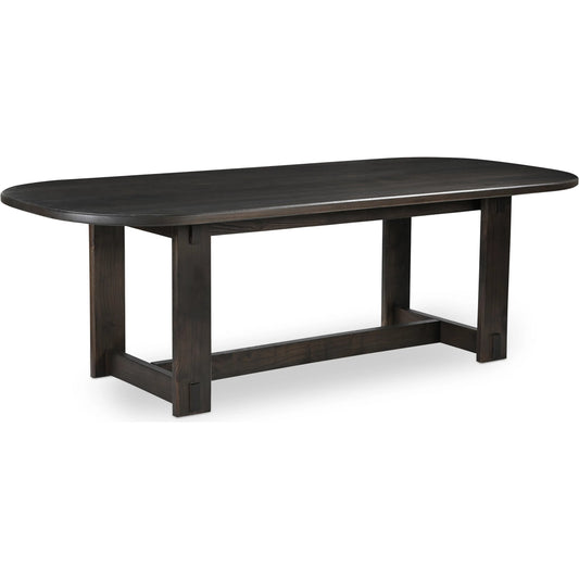 Glenn Oval Dining Table by Moe's Home Collection in dark brown. Made from solid neem wood, iron bar, connecting plates in a traditional style.