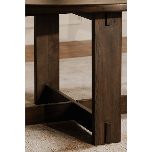 Glenn Round Dining Table by Moe's Home Collection in dark brown. Made from solid neem wood, iron bar, connecting plates in a traditional style.