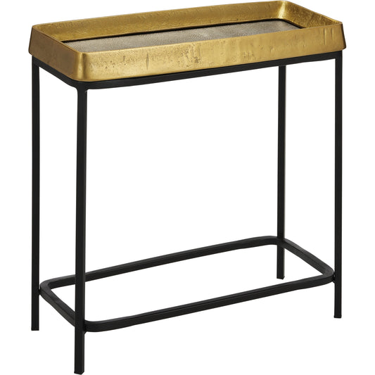 Tanay Side Table by Currey and Company in antique brass, graphite, black. Made from cast aluminum, iron in a transitional style.