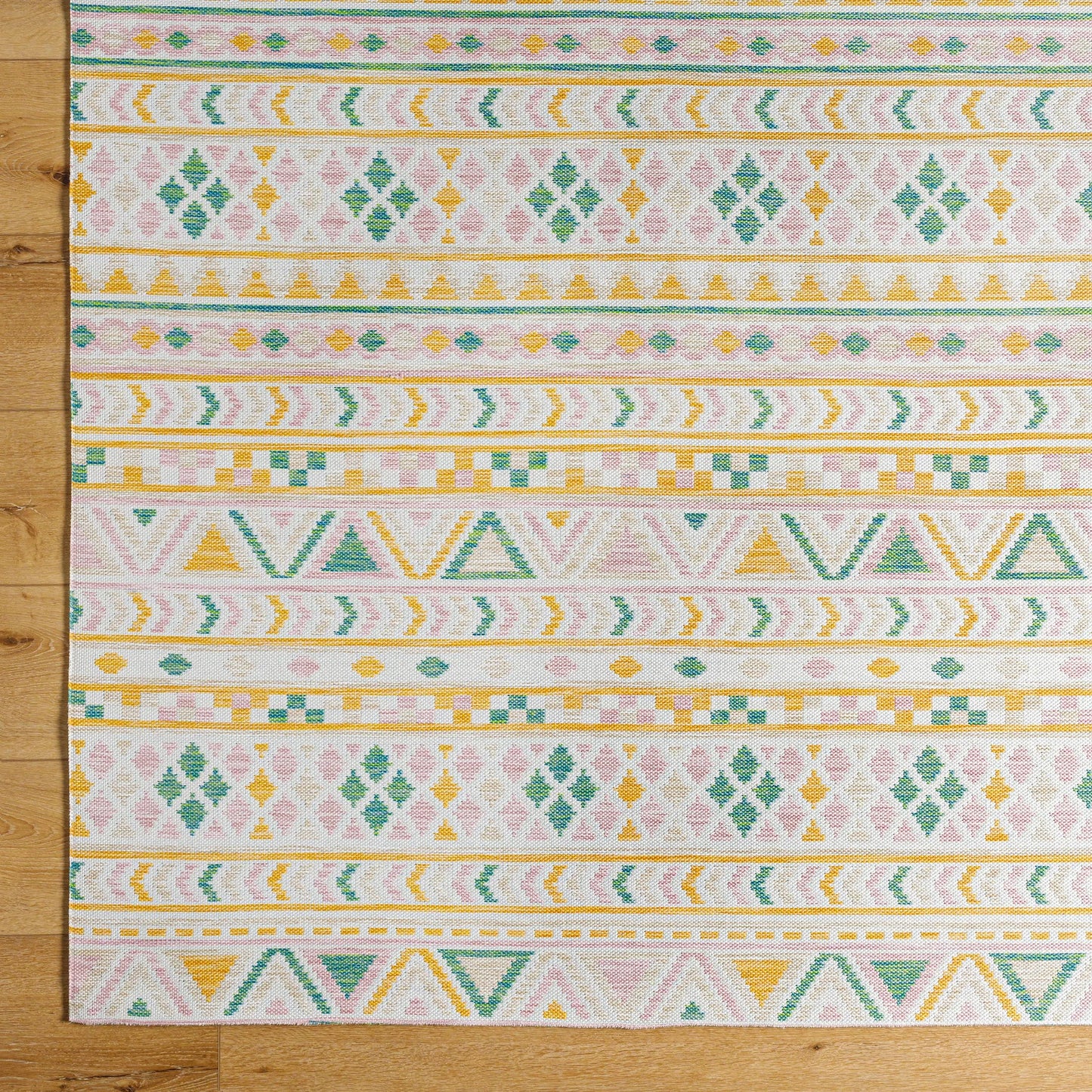 005 SI-2052562,SI-2052563,SI-2052564 | Closeup | Barbados Rug - 492245 by Livabliss in off-white, mustard, light brown, rust, pale blue. Made from face: 100% polypropylene, warp: 100% polypropylene in a unique style.