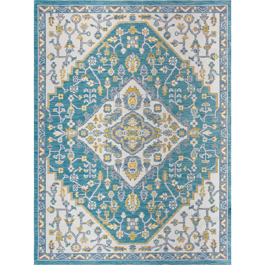 001 SI-2052568,SI-2052569,SI-2052570 | Primary Silo | Barbados BBD-2302 Indoor/Outdoor Rug by Livabliss in teal, off-white, dark blue, light gray, mustard. Made from face: 100% polypropylene, warp: 100% polypropylene in a unique style.