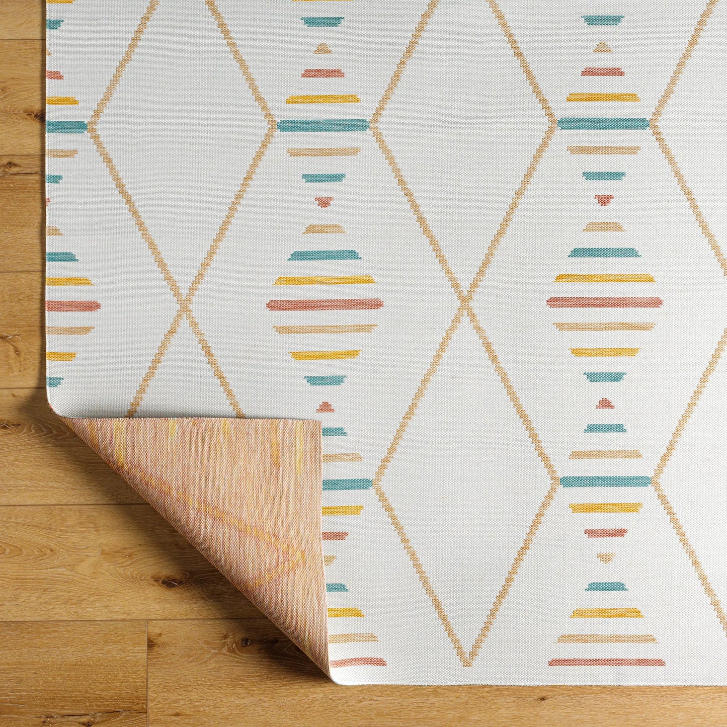 003 SI-2052571,SI-2052572,SI-2052573 | Closeup | Barbados Rug - 492269 by Livabliss in off-white, pale blue, light brown, mustard, rust. Made from face: 100% polypropylene, warp: 100% polypropylene in a unique style.