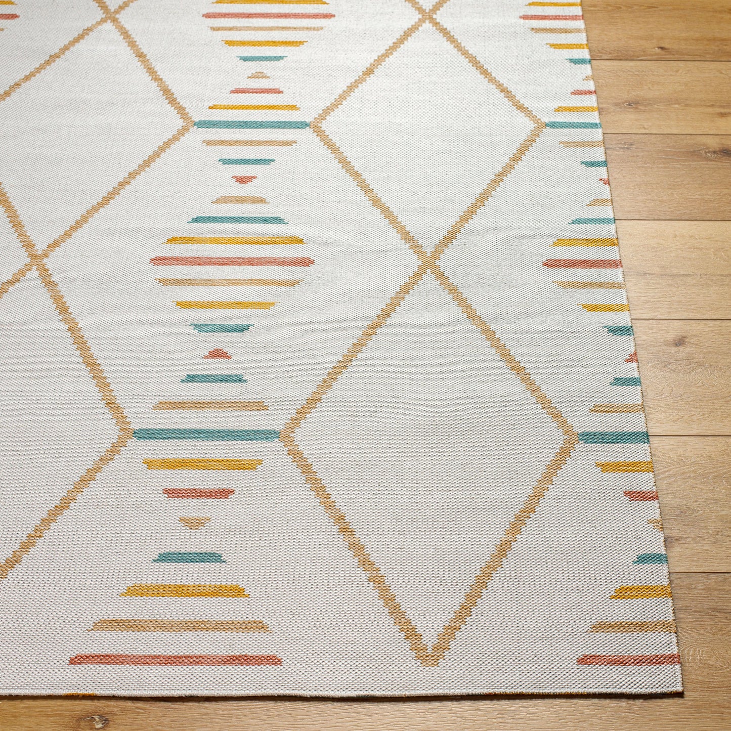 002 SI-2052571,SI-2052572,SI-2052573 | Closeup | Barbados Rug - 492269 by Livabliss in off-white, pale blue, light brown, mustard, rust. Made from face: 100% polypropylene, warp: 100% polypropylene in a unique style.
