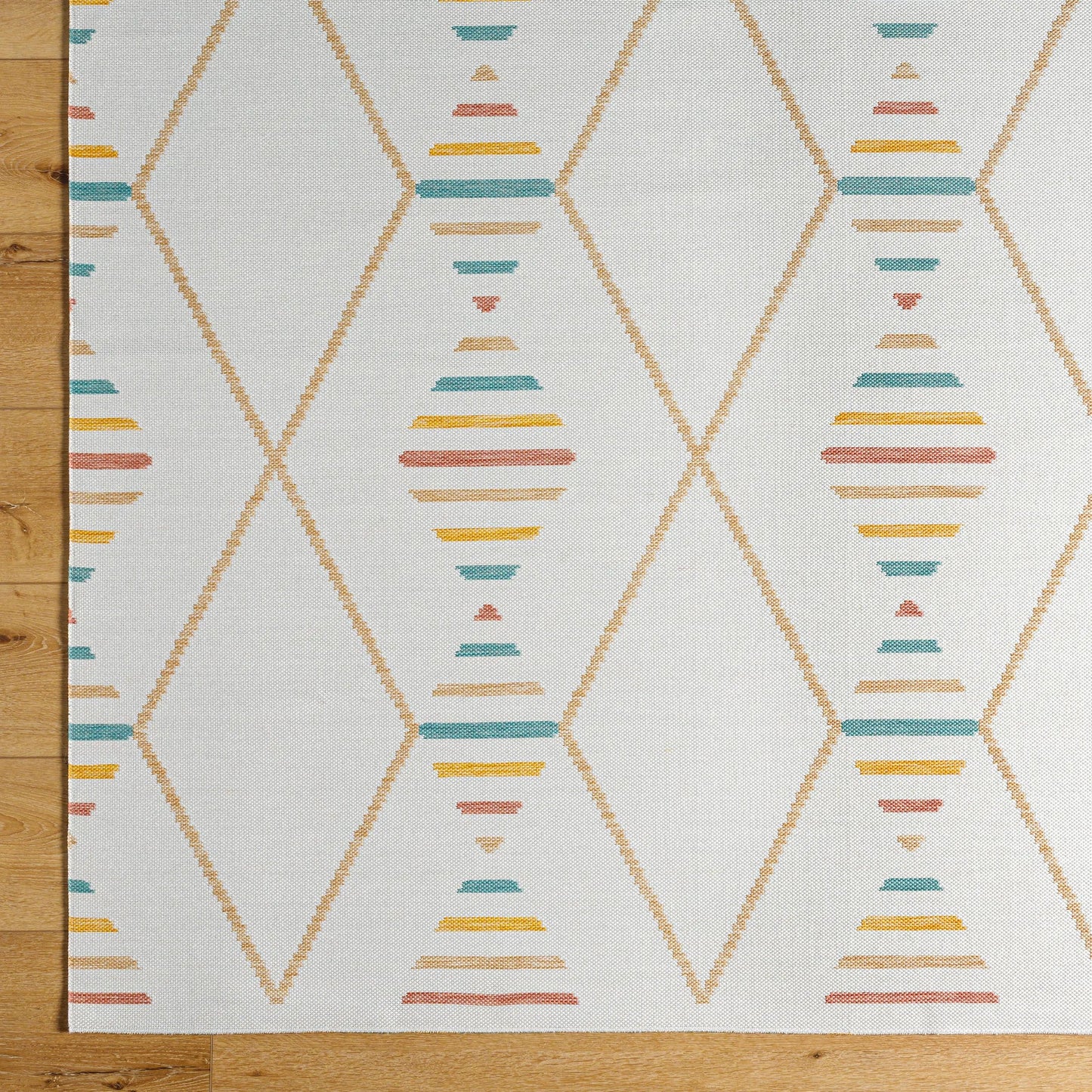 005 SI-2052571,SI-2052572,SI-2052573 | Closeup | Barbados Rug - 492269 by Livabliss in off-white, pale blue, light brown, mustard, rust. Made from face: 100% polypropylene, warp: 100% polypropylene in a unique style.