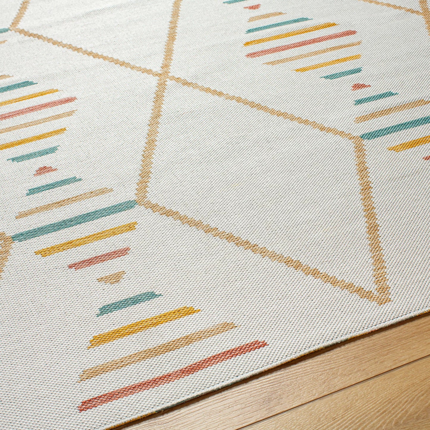 004 SI-2052571,SI-2052572,SI-2052573 | Closeup | Barbados Rug - 492269 by Livabliss in off-white, pale blue, light brown, mustard, rust. Made from face: 100% polypropylene, warp: 100% polypropylene in a unique style.