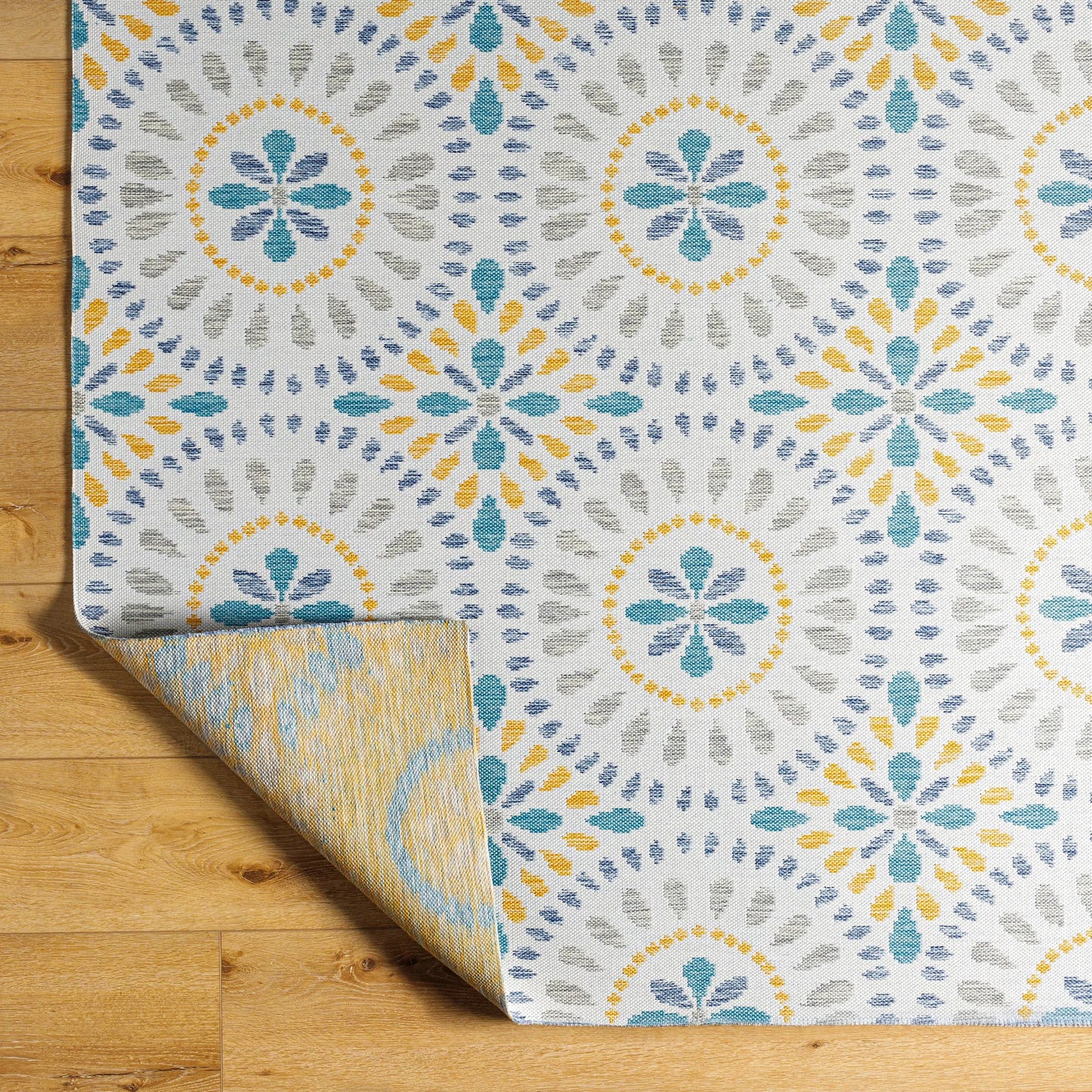 003 SI-2052577,SI-2052578,SI-2052579 | Closeup | Barbados Rug - 492281 by Livabliss in off-white, dark blue, light gray, teal, mustard. Made from face: 100% polypropylene, warp: 100% polypropylene in a unique style.