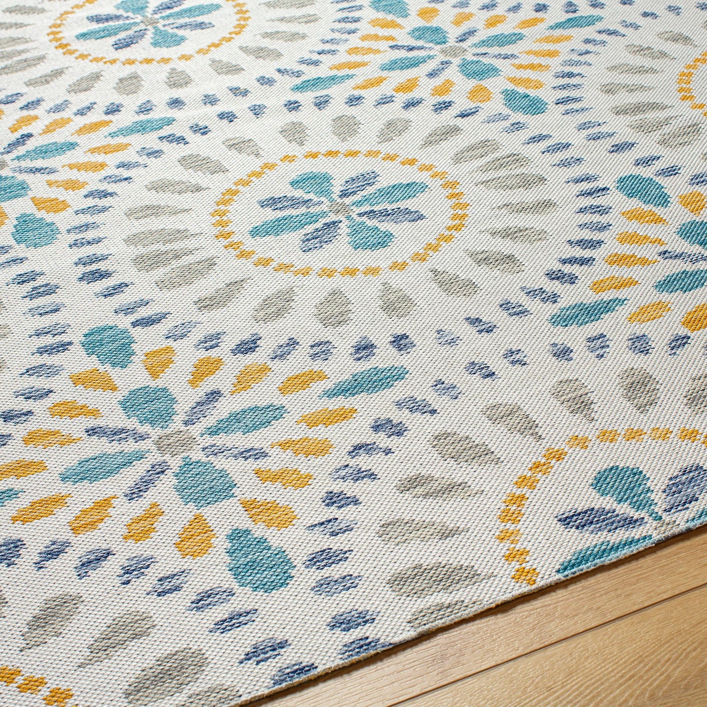 004 SI-2052577,SI-2052578,SI-2052579 | Closeup | Barbados Rug - 492281 by Livabliss in off-white, dark blue, light gray, teal, mustard. Made from face: 100% polypropylene, warp: 100% polypropylene in a unique style.