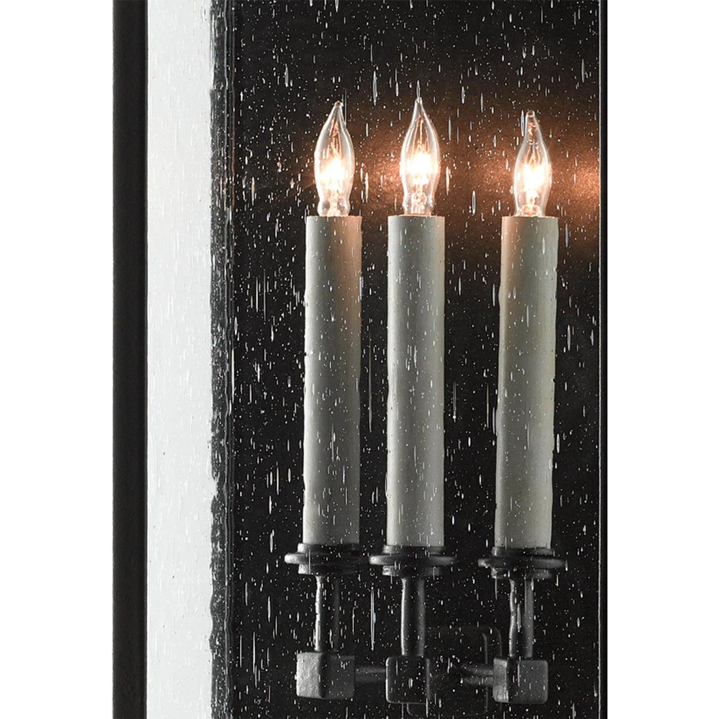 010 SR-768057 | Closeup | Tanzy Outdoor Wall Sconce by Currey and Company in midnight. Made from wrought iron, seeded glass in a transitional style.