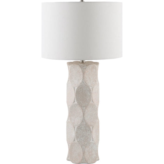 Bimbila Accent Table Lamp by Surya in gray, translucent, gold and glazedpainted. Made from ceramic, linen, plastic, iron in a modern style.