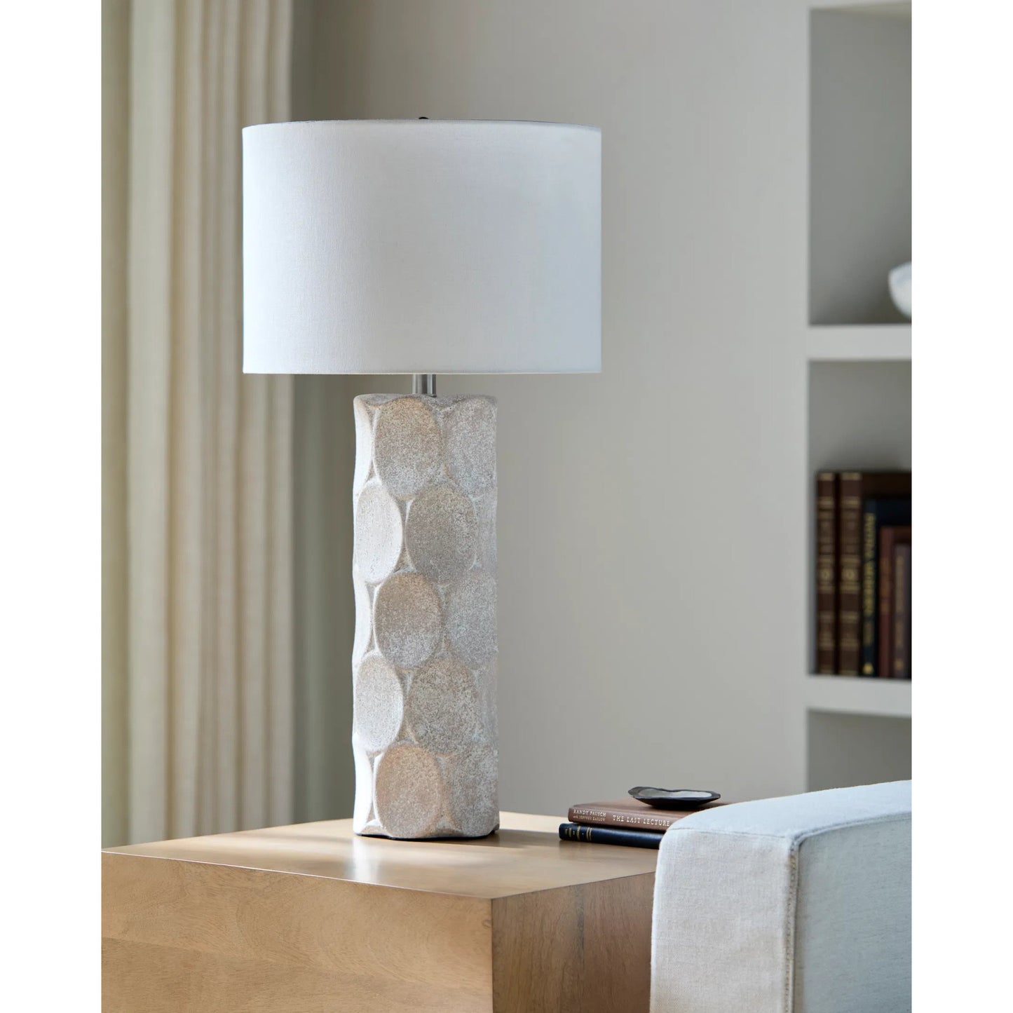 003 SI-2245007 | Lifestyle | Bimbila Accent Table Lamp by Surya in gray, translucent, gold and glazedpainted. Made from ceramic, linen, plastic, iron in a modern style.