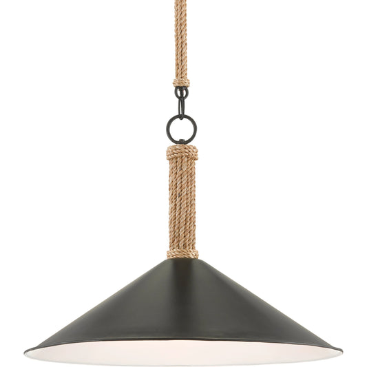 Ocracoke Pendant by Currey and Company in sugar white, blacksmith, natural rope. Made from wrought iron, abaca rope in a rustic style.