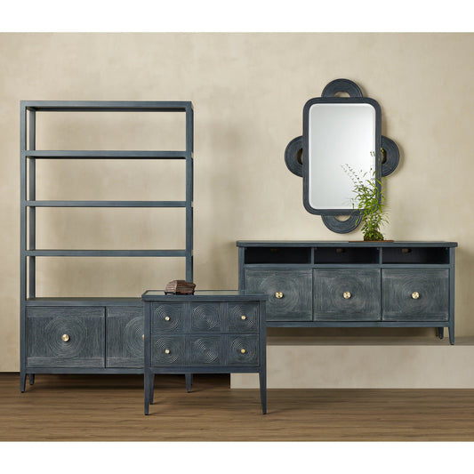 Santos Storage Etagere by Currey and Company in vintage navy, brushed brass. Made from rattan, mahogany, grasscloth, brass in a transitional style.