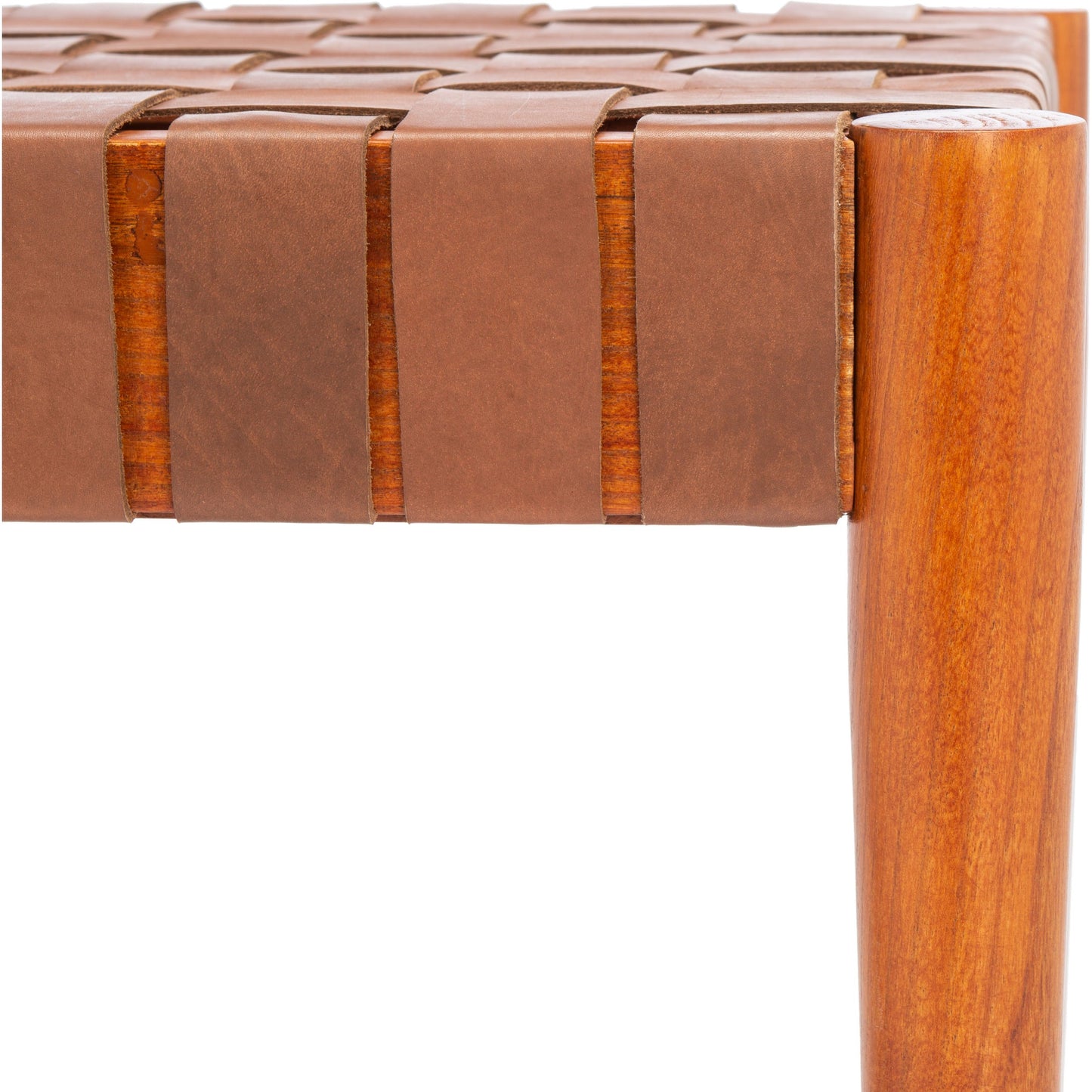 005 SI-1910670 | Closeup | Alexandria Weave Bench by HedgeApple Essentials in cognac. Made from unique in a transitional style.